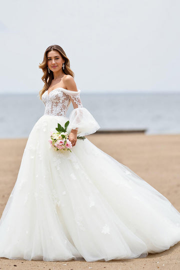 Ivory Tulle A Line Off the Shoulder Chapel Train Wedding Dress with Lace Appliques